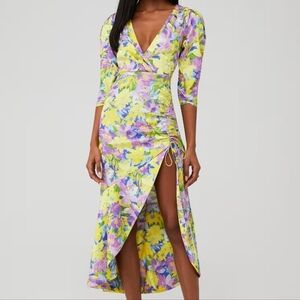 For Love & Lemons Yellow Purple Floral V-Neck High Slit Fitted Cassia Midi Dress